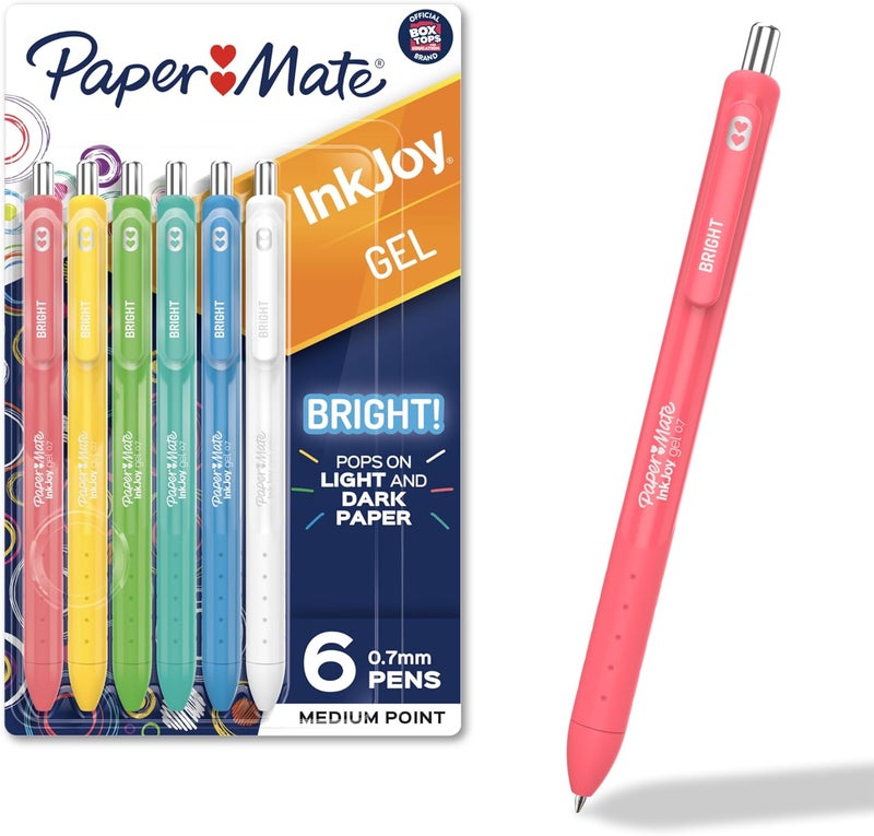 Papermate InkJoy Bright Pens, Gel Pens, Medium Point (0.7mm), Retractable, Assorted Brighter Colors, 6 Count - Image 1